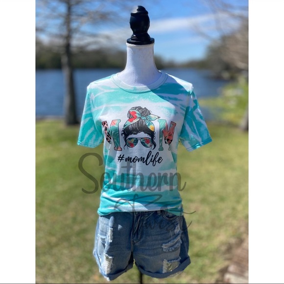 Southern Twist Designs Tops - “Mom” #momlife Messy Bun Sunglasses Headband Bleached Sublimation Green